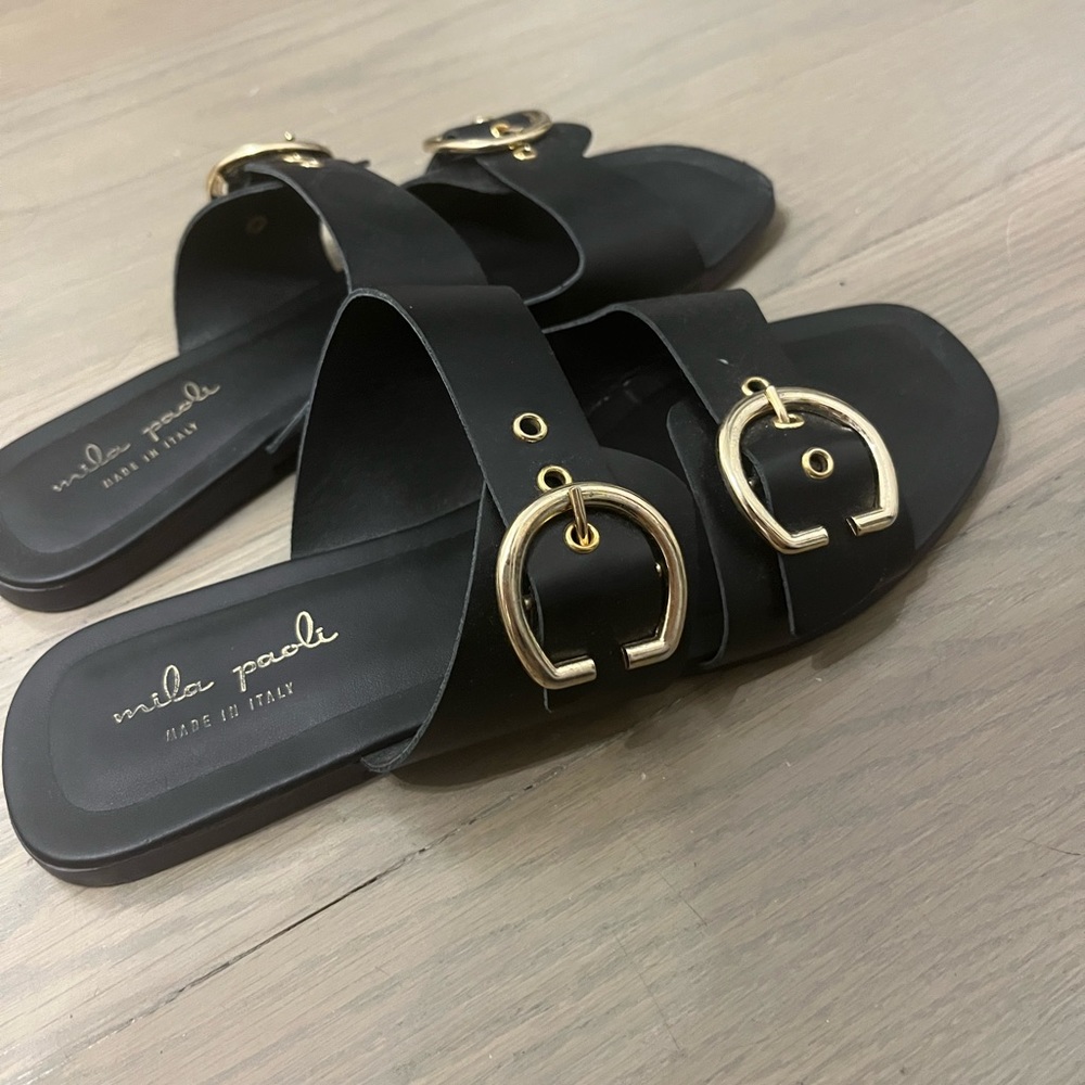 Mila Paoli Italian Black & Gold Sandal, Size 9 “Birkenstok” style Flats